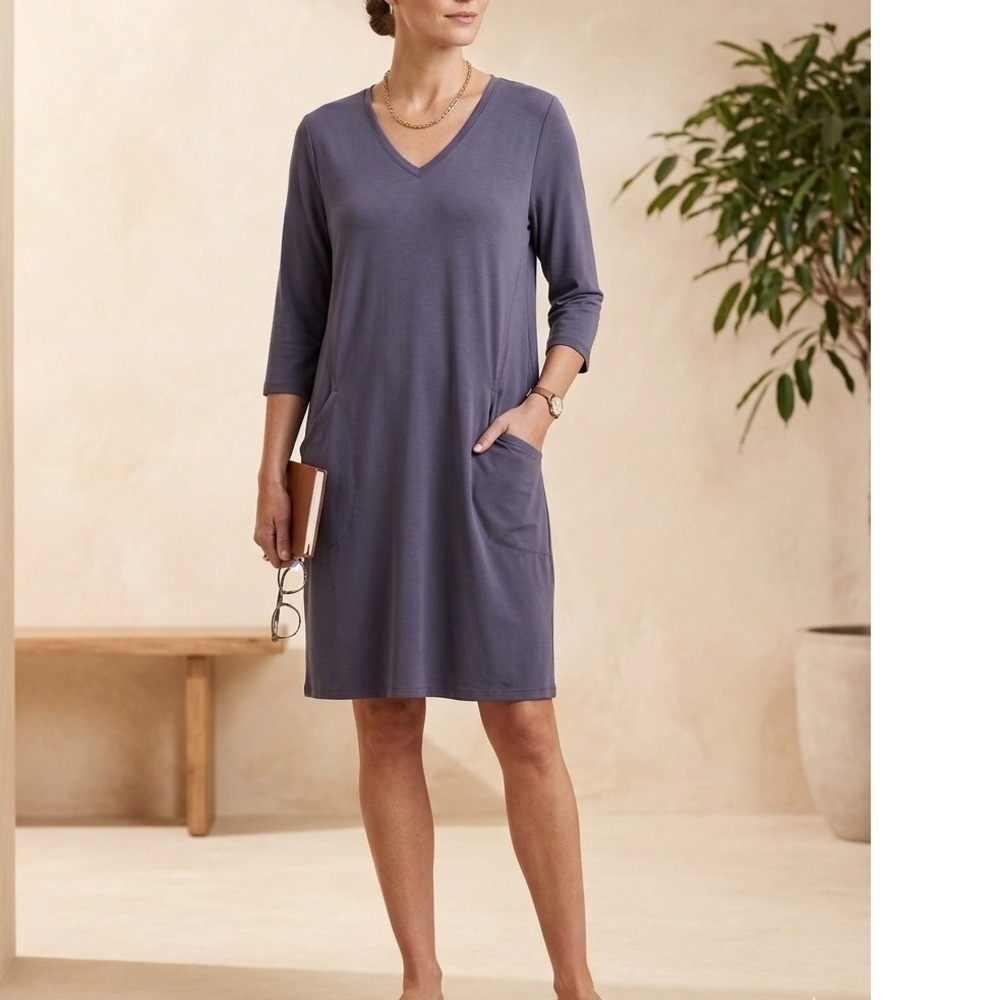 Eileen Fisher Womens Purple Tencel Lyocell V-Neck Pocket Shift Dress Size M